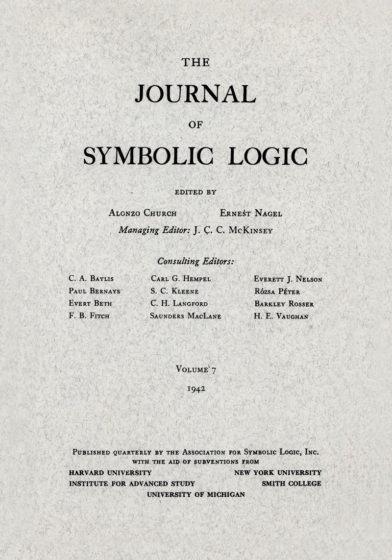 Jsl Volume 7 Issue 4 Cover And Front Matter The Journal Of Symbolic Logic Cambridge Core