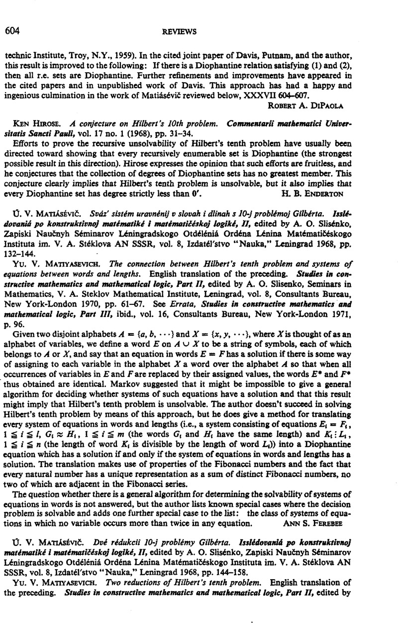 Ken Hirose A Conjecture On Hilbert S 10th Problem Commentarii Mathematici Universitatis Sancti Pauli Vol 17 No 1 1968 Pp 31 34 The Journal Of Symbolic Logic Cambridge Core