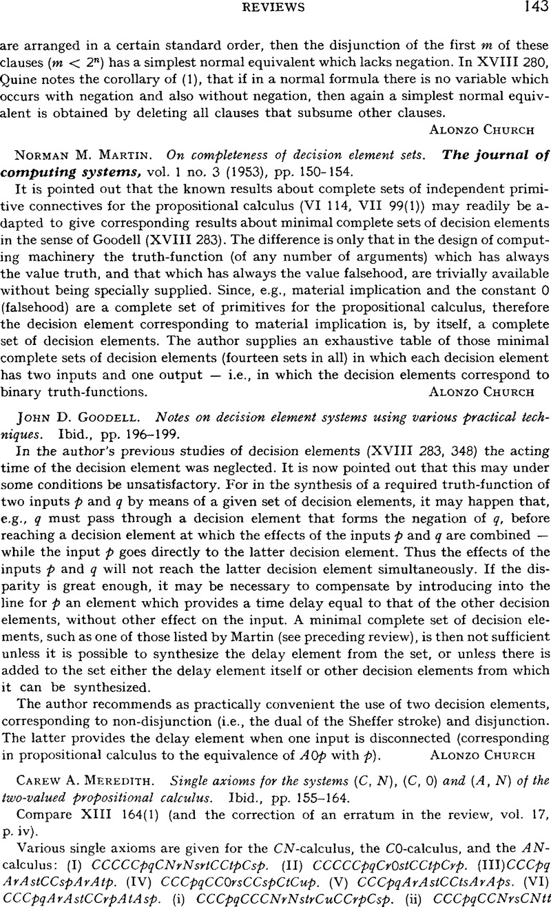Carew A Meredith Single Axioms For The Systems C N C O And A N Of The Two Valued Propositional Calculus The Journal Of Computing Systems Vol 1 No 3 1953 Pp 155 164