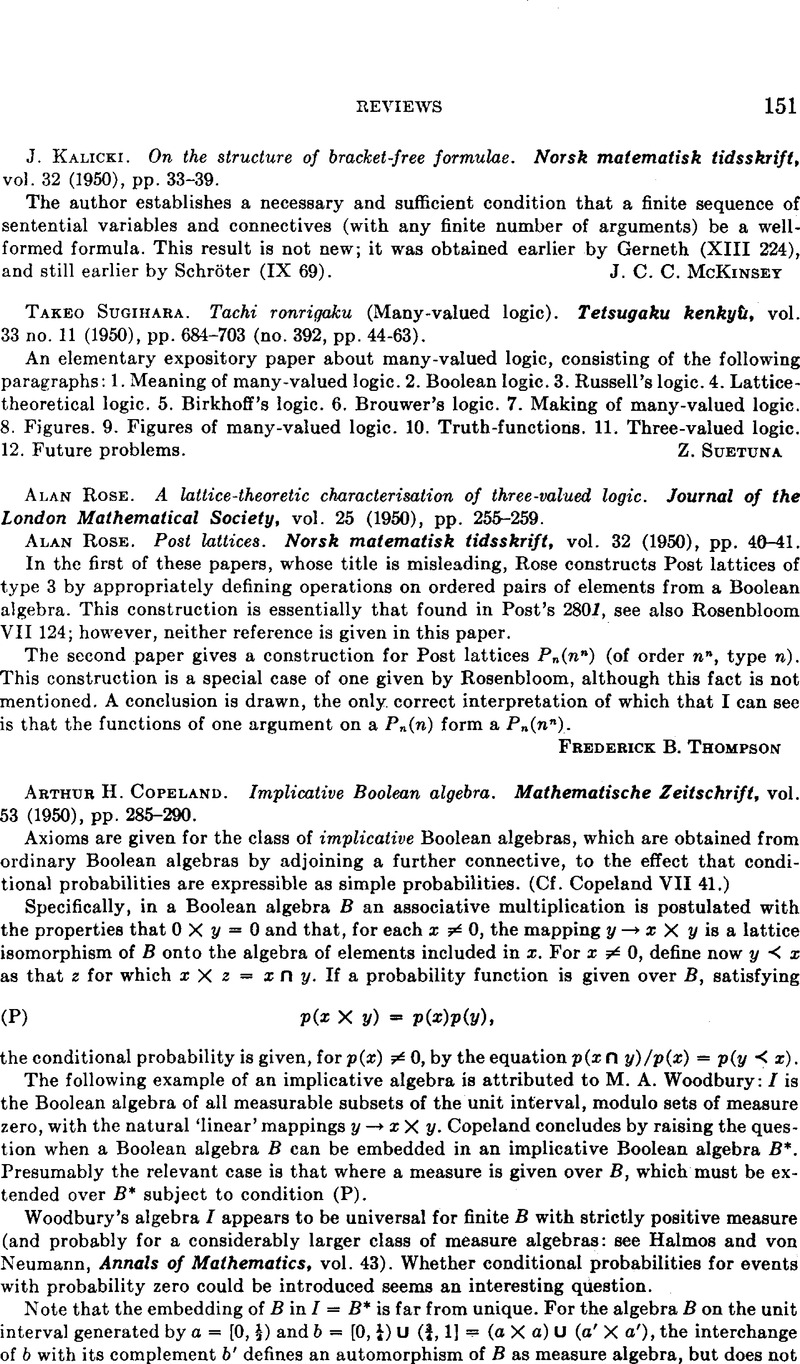 Alan Rose A Lattice Theoretic Characterisation Of Three Valued Logic Journal Of The London Mathematical Society Vol 25 1950 Pp 255 259 Alan Rose Post Lattices Norsk Matematisk Tidsskrift Vol 32 1950 Pp 40 41