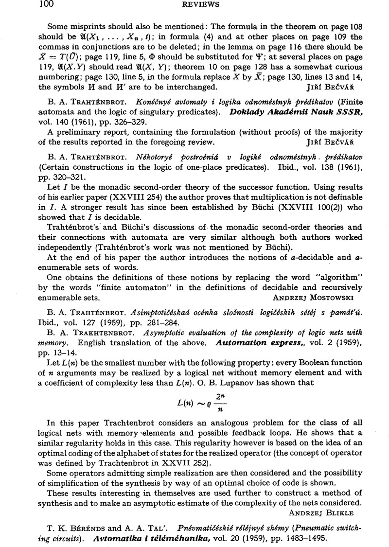 B A Trahtenbrot Asimptoticeskaa Ocenka Sloznosti Logiceskih Setej S Pamat U Doklady Akademii Nauk Sssr Vol 127 1959 Pp 281 284 B A Trahtenbrot Asymptotic Evaluation Of The Complexity Of Logic Nets With