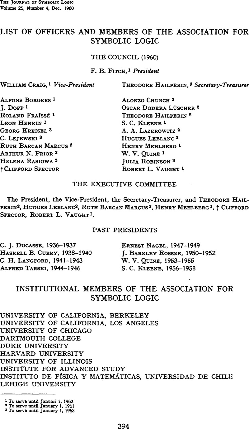 List Of Officers And Members Of The Association For Symbolic Logic The Journal Of Symbolic Logic Cambridge Core
