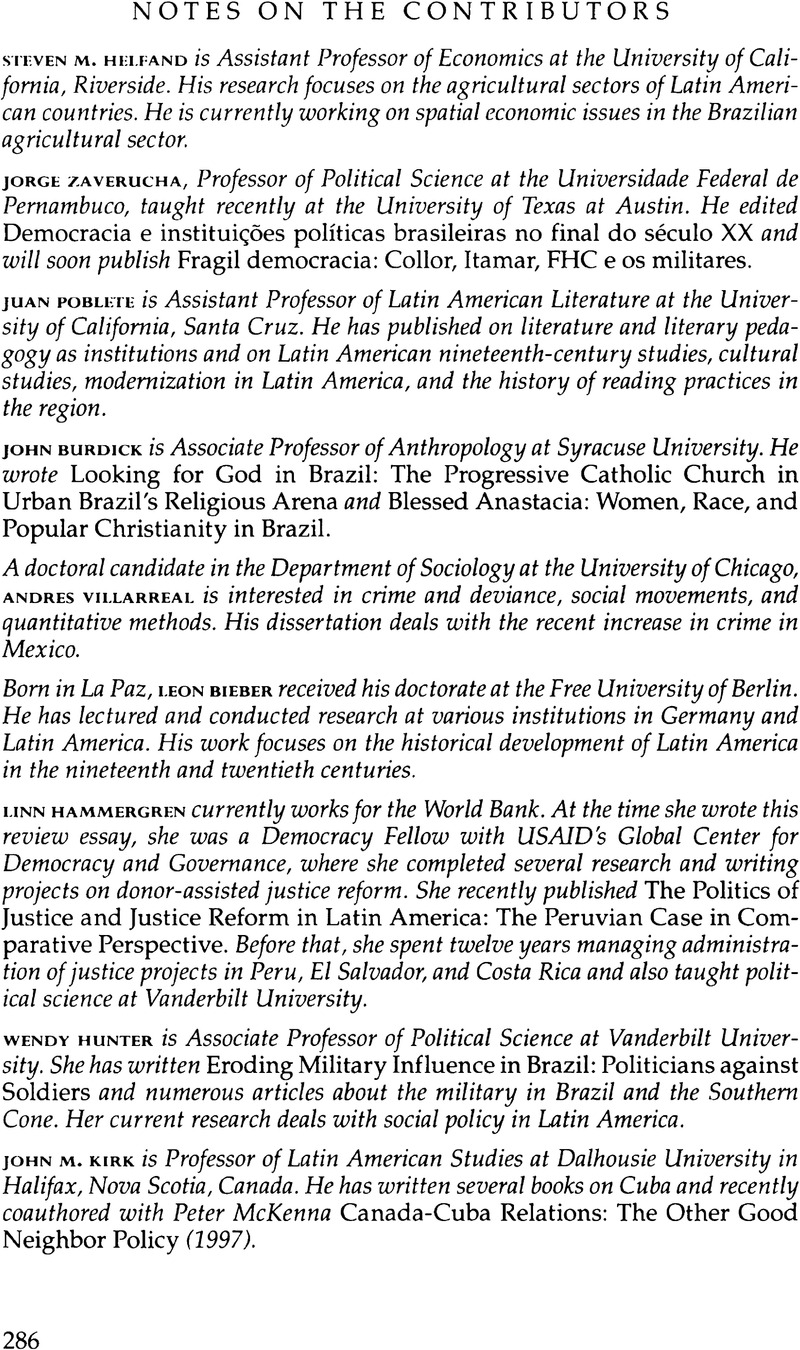 Notes on the Contributors, Latin American Research Review