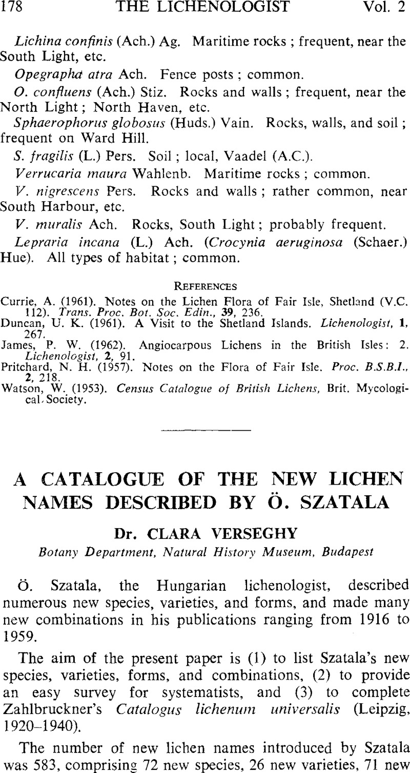 A Catalogue Of The New Lichen Names Described By O Szatala The Lichenologist Cambridge Core