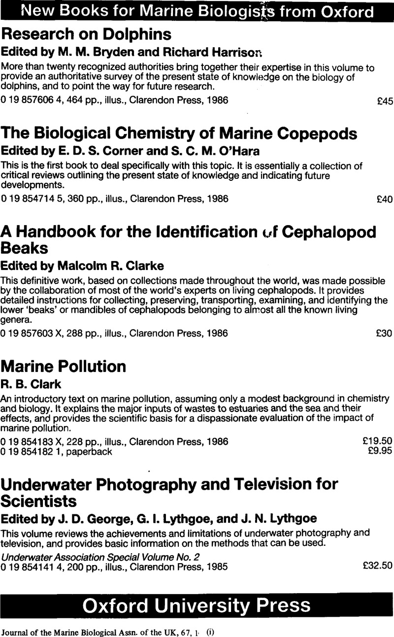 Mbi Volume 67 Issue 1 Cover And Back Matter Journal Of The Marine Biological Association Of The United Kingdom Cambridge Core