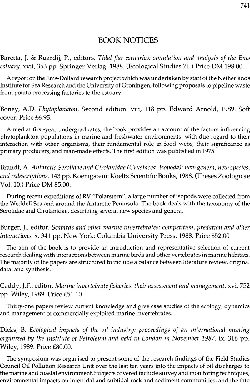 J F Caddy Editor Marine Invertebrate Fisheries Their Assessment And Management Xvi 752 Pp Wiley 19 Price 51 10 Journal Of The Marine Biological Association Of The United Kingdom Cambridge Core