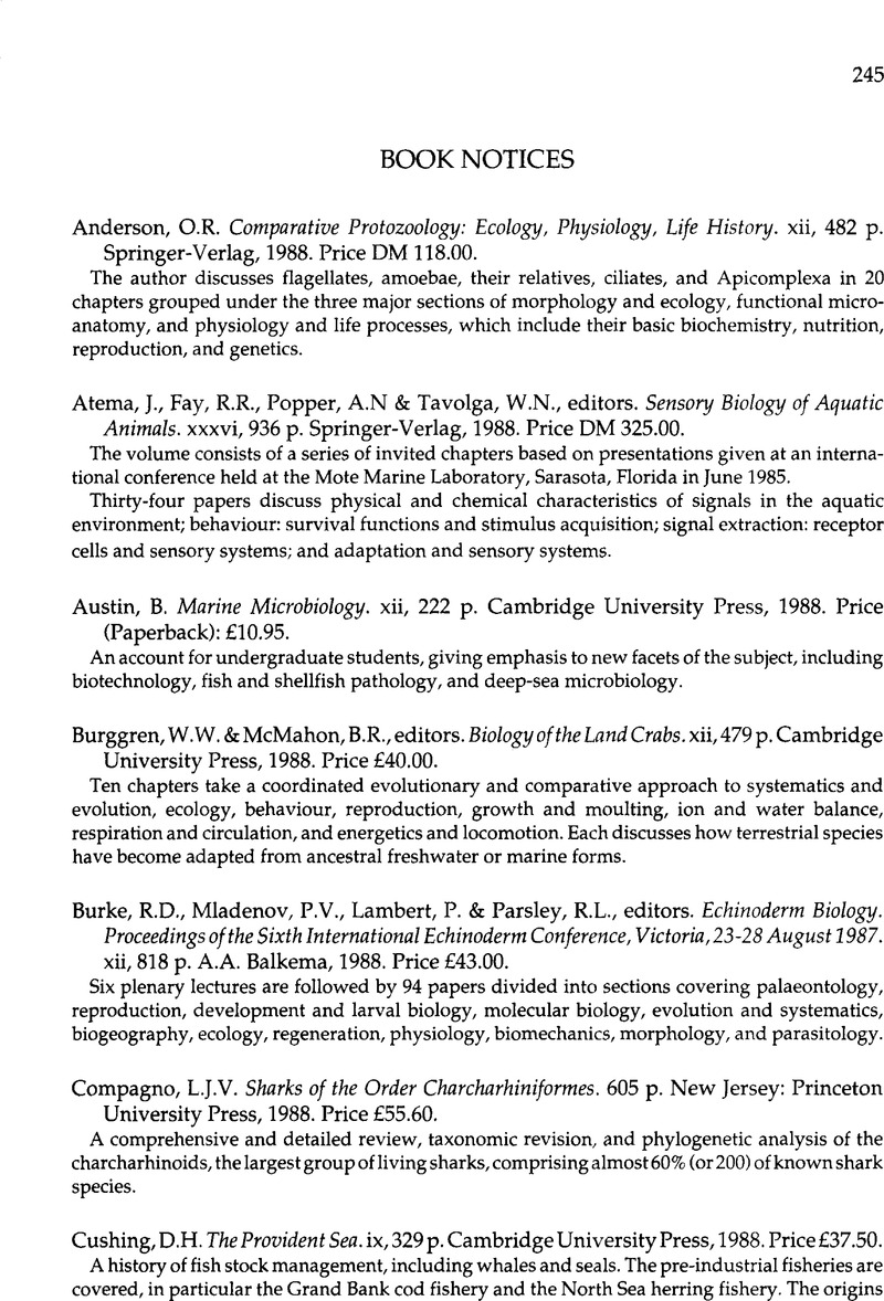 J. Atema, . Fay,  Popper & . Tavolga, editors. Sensory Biology of Aquatic  Animals, xxxvi, 936 p. Springer-Verlag, 1988. Price DM . | Journal of  the Marine Biological Association of the