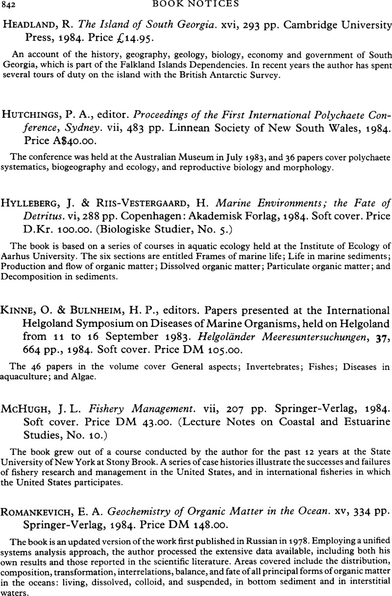 J. Hylleberg, & H. Riis-Vestergaard. Marine Environments;the Fate