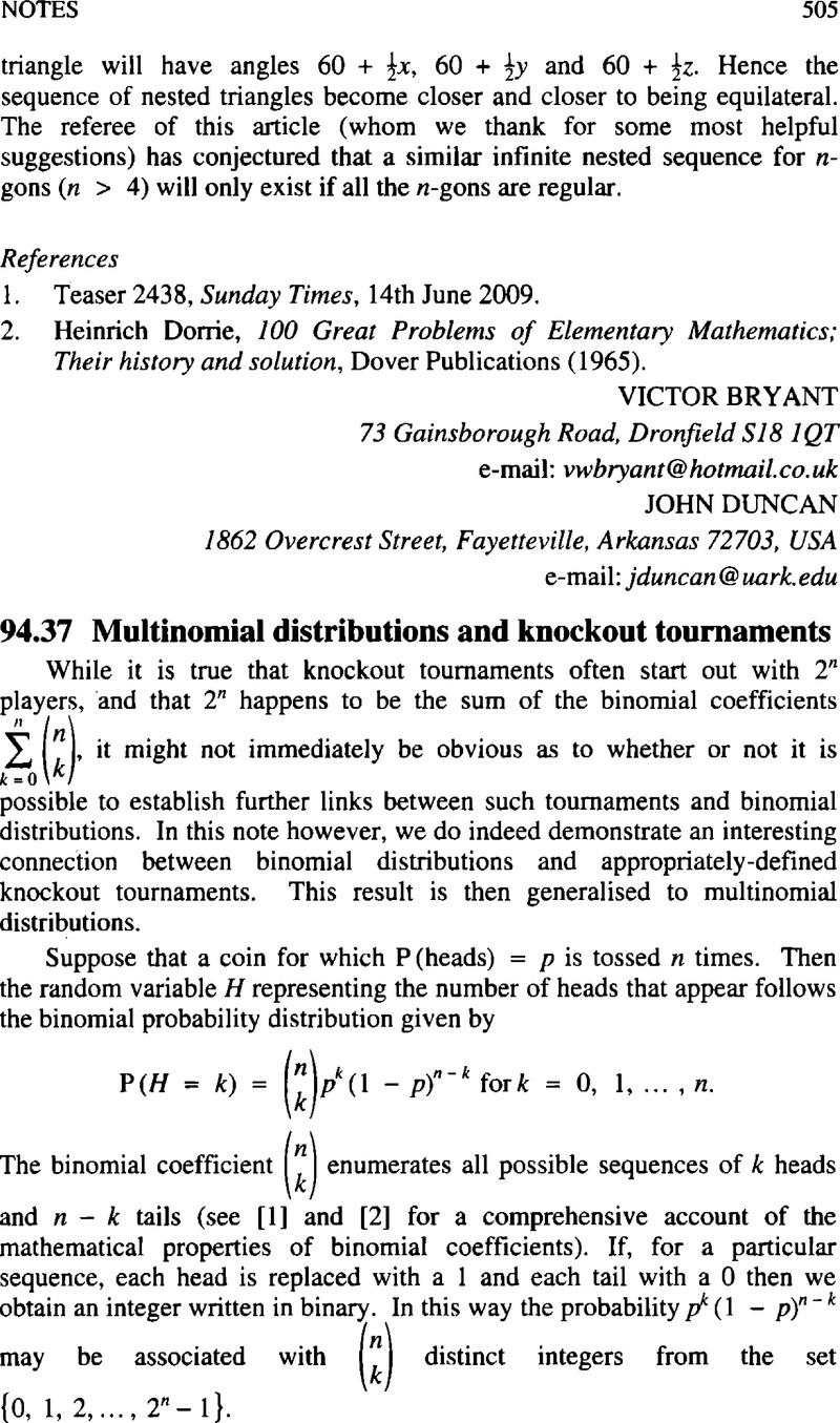 94 37 Multinomial Distributions And Knockout Tournaments The Mathematical Gazette Cambridge Core