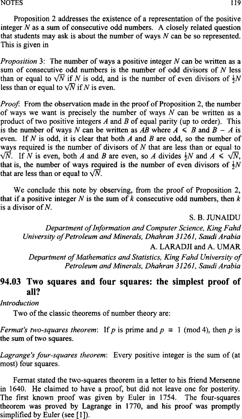 FERMAT'S FOUR SQUARES THEOREM Several years ago, after