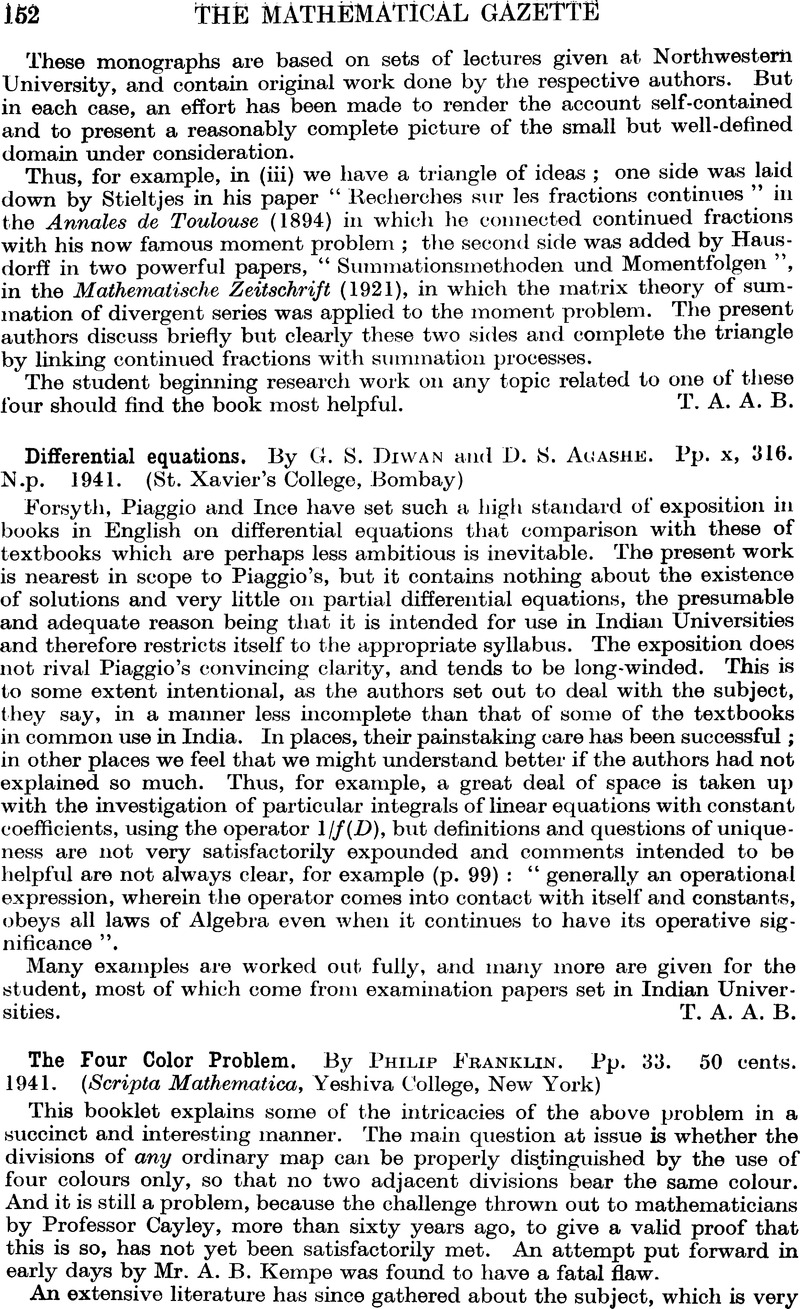 The Four Color Problem By Philip Franklin Pp 33 50 Cents 1941 Scripta Mathematica Yeshiva College New York The Mathematical Gazette Cambridge Core