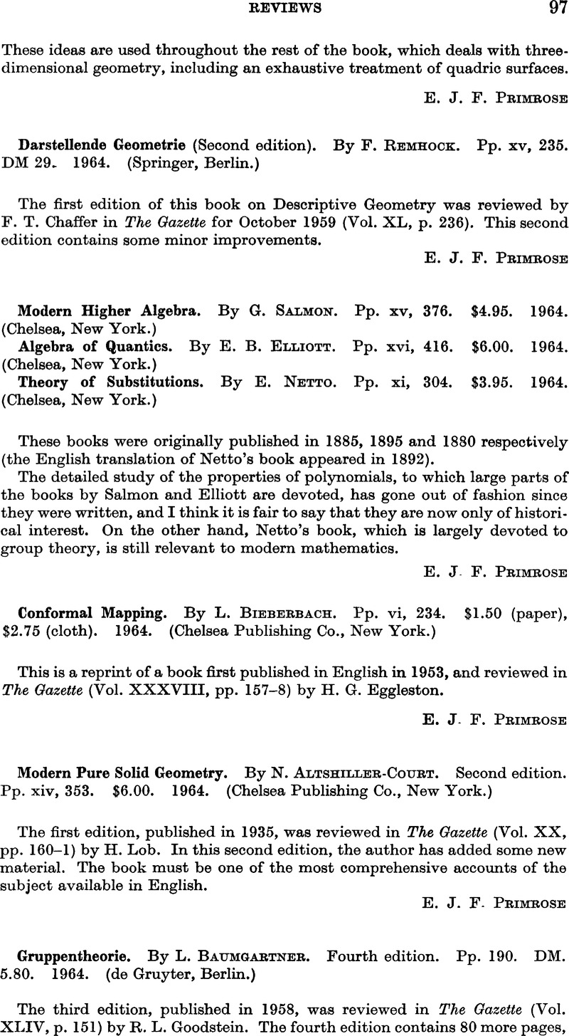 Modern Higher Algebra By G Salmon Pp Xv 376 4 95 1964 Chelsea New York Algebra Of Quantics By E B Elliott Pp Xvi 416 6 00 1964 Chelsea New York Theory