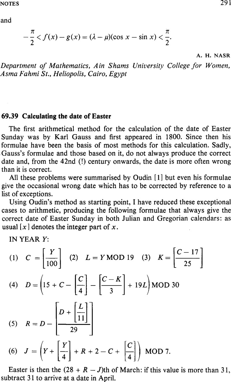 69 39 Calculating The Date Of Easter The Mathematical Gazette Cambridge Core