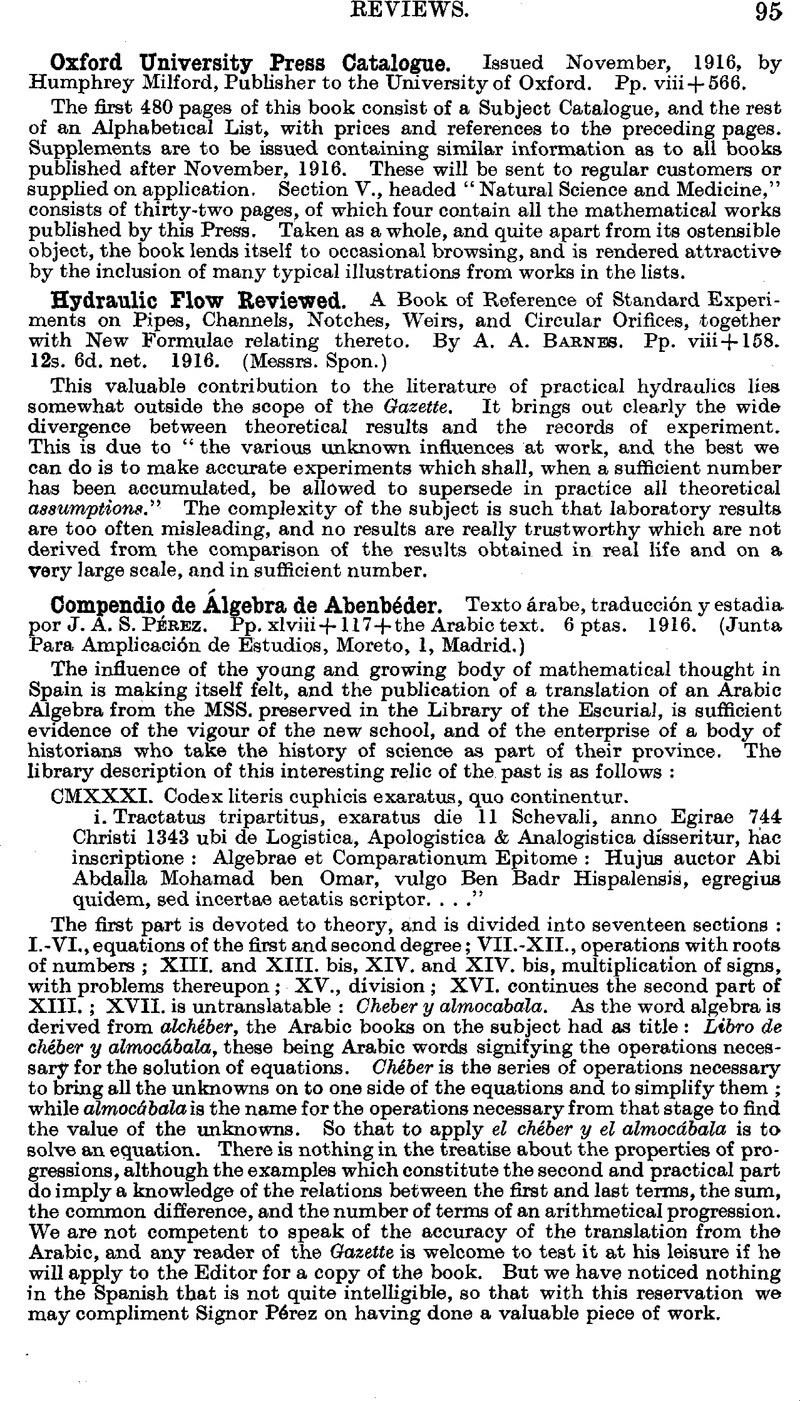 Compendio De Algebra De Abenbeder Texto Arabe Traduccion Y Estadia Por J A S Perez Pp Xlviii 117 The Arabic Text 6 Ptas 1916 Junta Para Amplication De Estudios Moreto 1 Madrid The Mathematical Gazette Cambridge Core