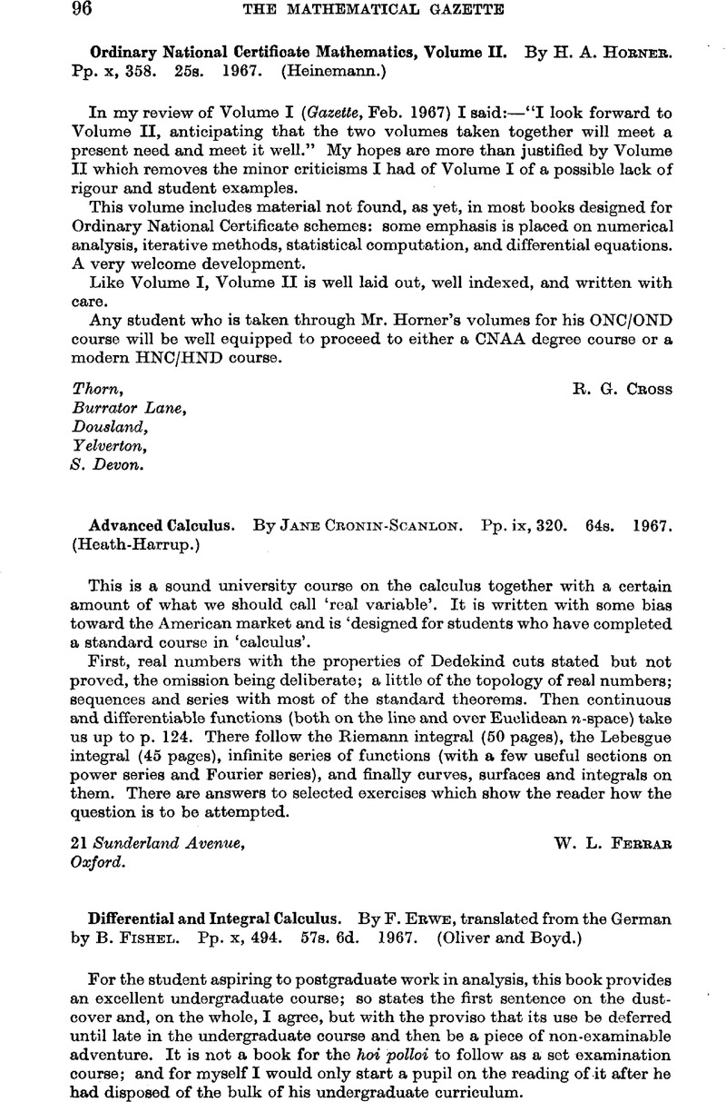 Differential And Integral Calculus By F Erwe Translated From The German By B Fishel Pp X 494 57s 6d 1967 Oliver And Boyd The Mathematical Gazette Cambridge Core