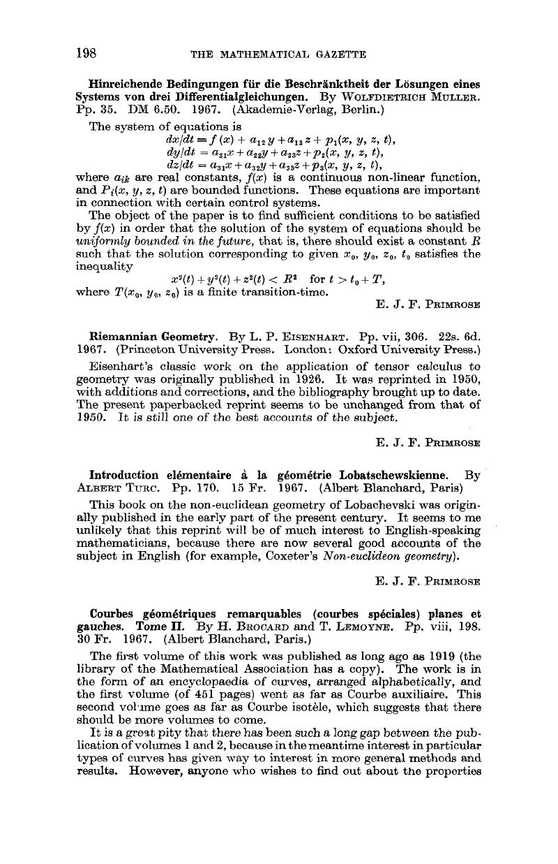 Introduction Elementaire A La Geometrie Lobatschewskienne By Albert Turc Pp 170 15 Fr 1967 Albert Blanchard Paris The Mathematical Gazette Cambridge Core