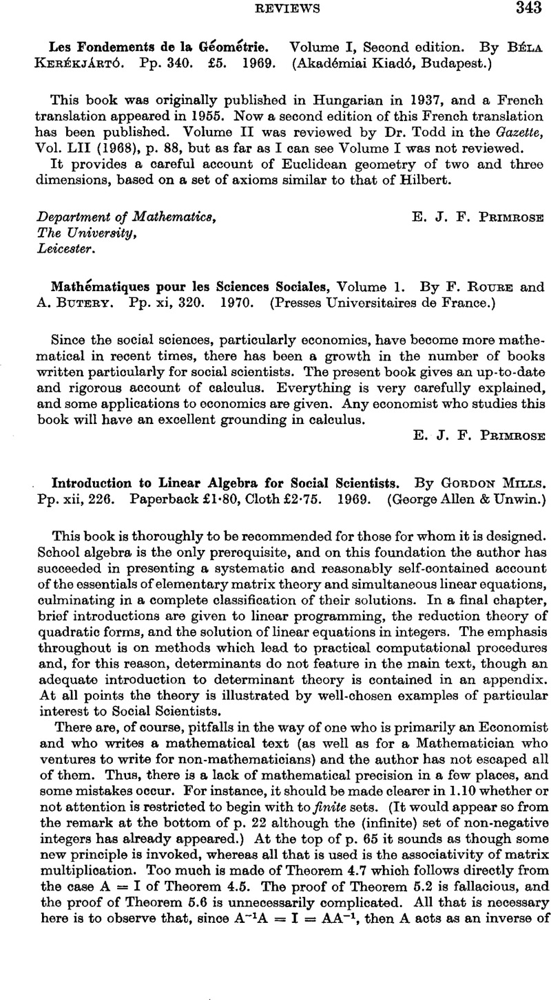 Mathematiques Pour Les Sciences Sociales Volume 1 By F Roure And A Butery Pp Xi 3 1970 Presses Universitaires De France The Mathematical Gazette Cambridge Core