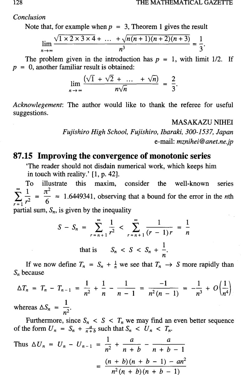 87 15 Improving The Convergence Of Monotonic Series The Mathematical Gazette Cambridge Core