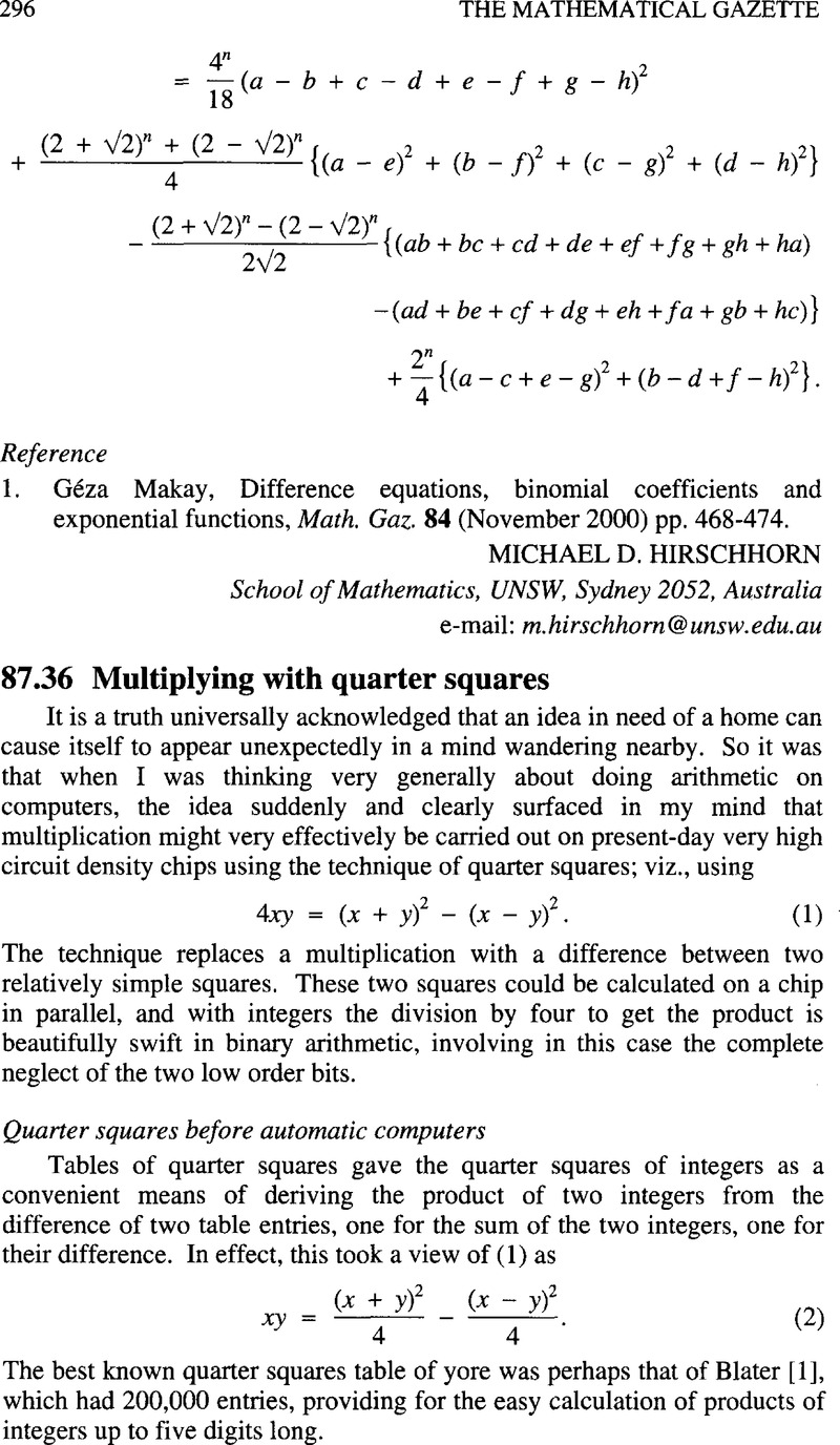 87 36 Multiplying With Quarter Squares The Mathematical Gazette Cambridge Core