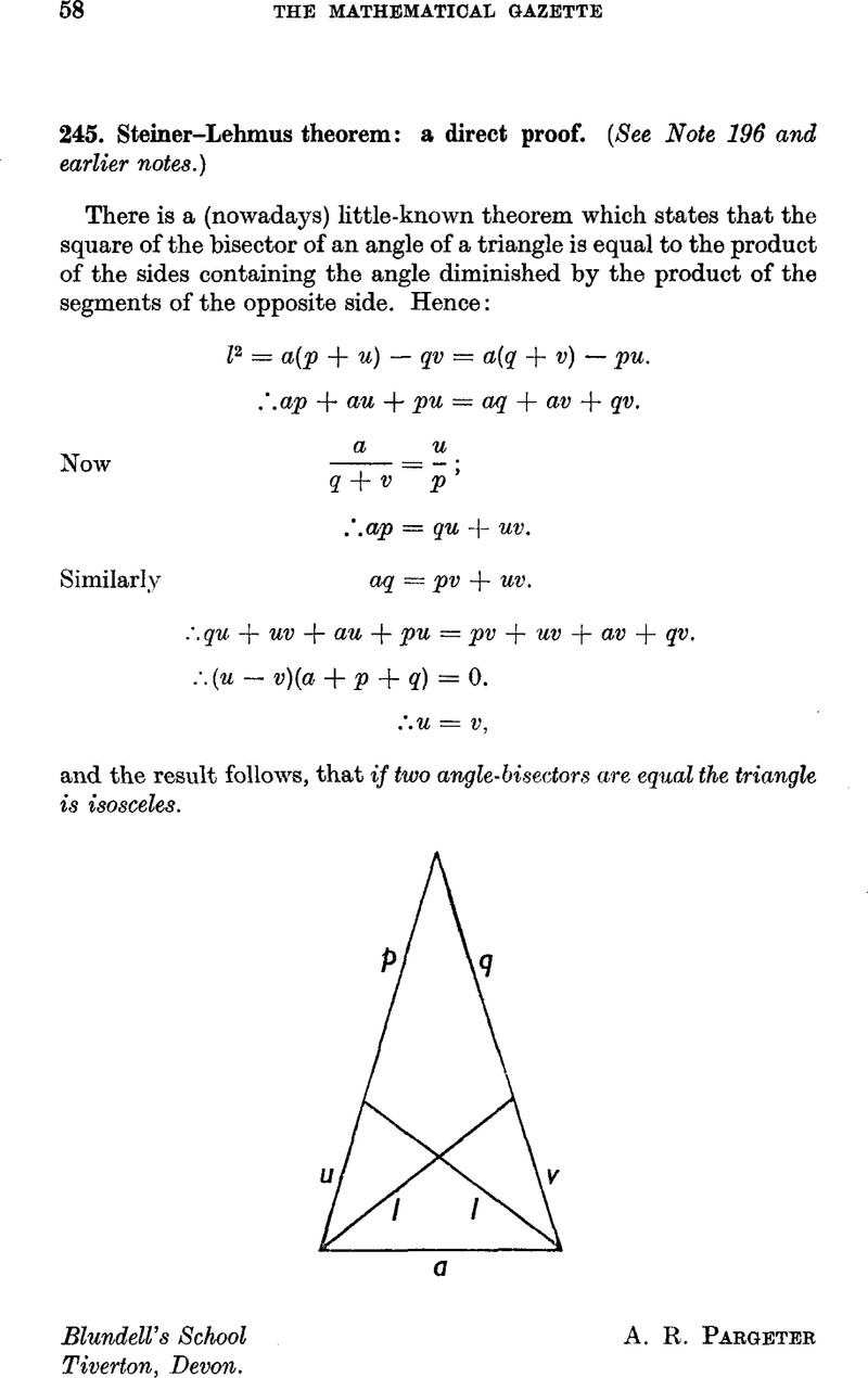 245 Steiner Lehmus Theorem A Direct Proof See Note 196 And Earlier Notes The Mathematical Gazette Cambridge Core