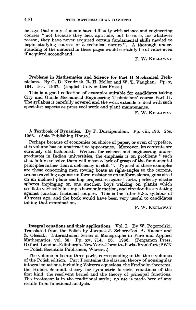 Problems In Mathematics And Science For Part Ii Mechanical Technicians By G D Kendrick R H Mellor And W T Vaughan Pp X 164 16s 1967 English Universities Press The Mathematical Gazette Cambridge Core