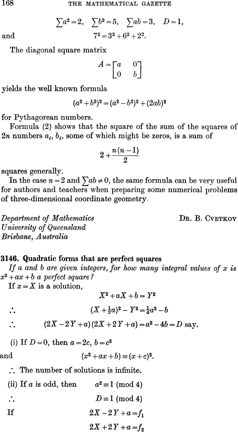 3146 Quadratic Forms That Are Perfect Squares The Mathematical Gazette Cambridge Core