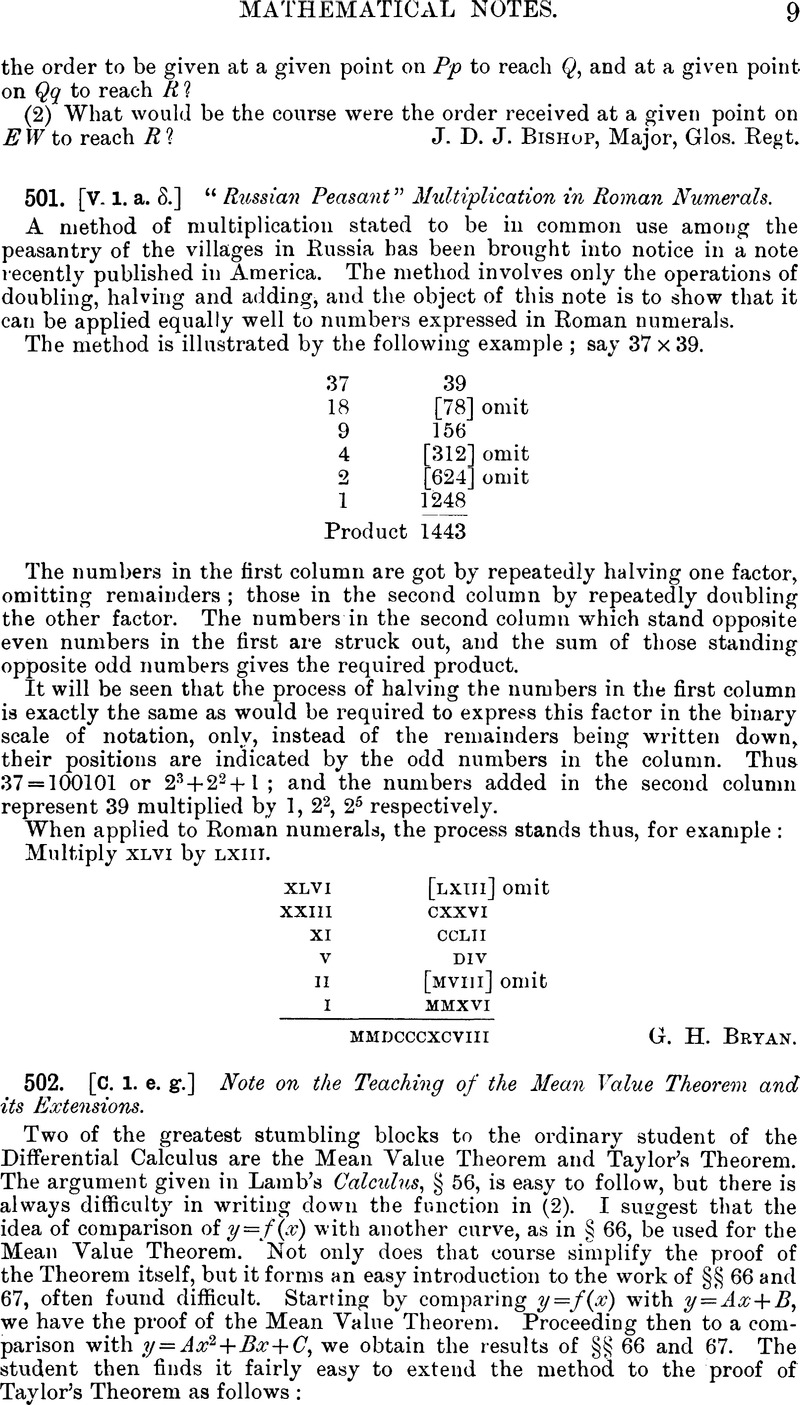 501 V 1 A D Russian Peasant Multiplication In Roman Numerals The Mathematical Gazette Cambridge Core
