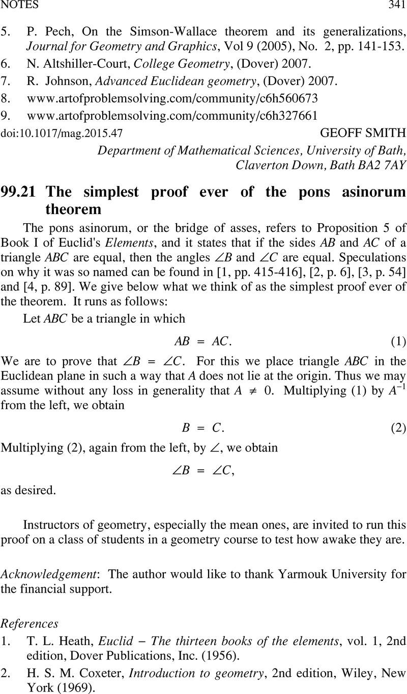 99 21 The Simplest Proof Ever Of The Pons Asinorum Theorem The Mathematical Gazette Cambridge Core