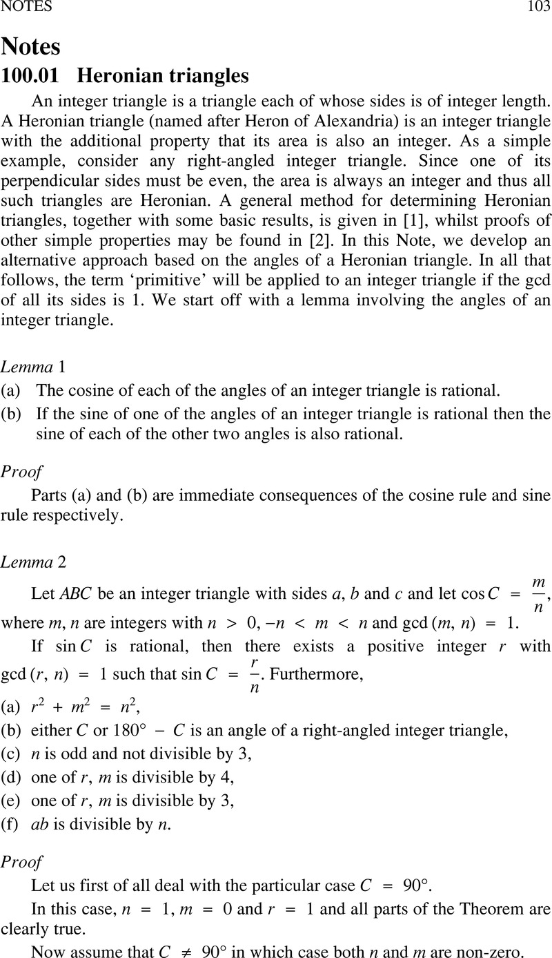 100 01 Heronian Triangles The Mathematical Gazette Cambridge Core