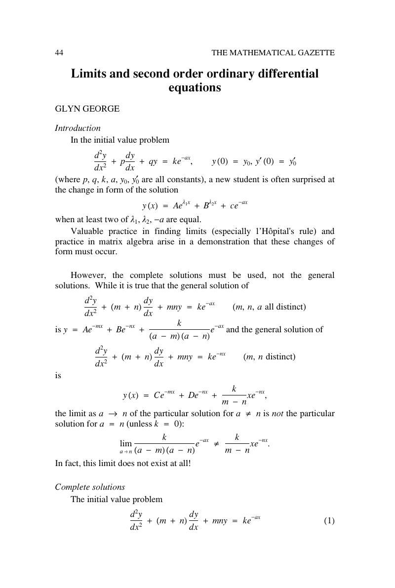 Limits And Second Order Ordinary Differential Equations The Mathematical Gazette Cambridge Core