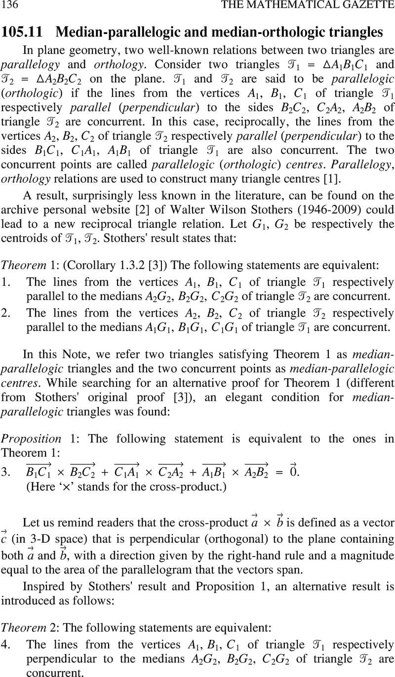 105 11 Median Parallelogic And Median Orthologic Triangles The Mathematical Gazette Cambridge Core