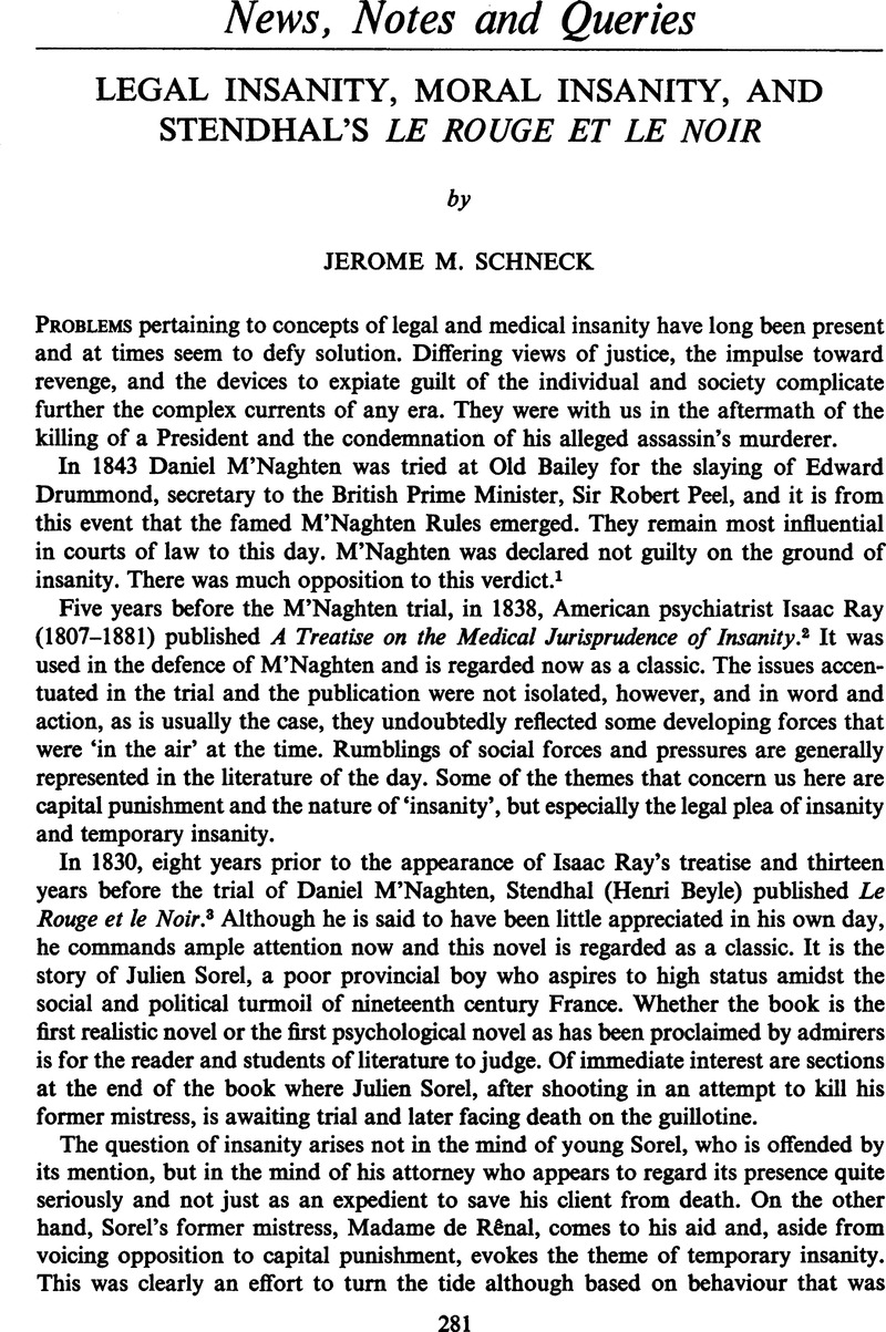 Legal Insanity Moral Insanity And Stendhal S Le Rouge Et Le Noir Medical History Cambridge Core