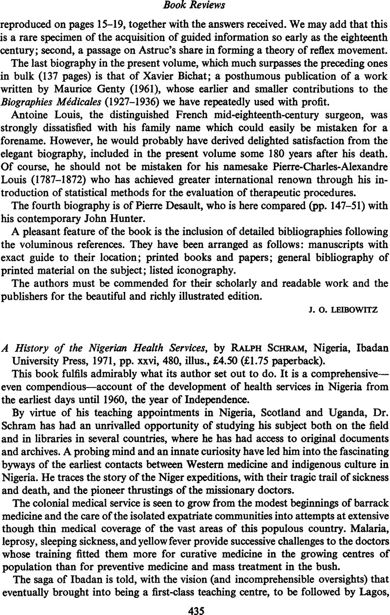 A History of the Nigerian Health Servicesby Ralph Schram, Nigeria, Ibadan  University Press, 1971, pp. xxvi, 480, illus., £4.50 (£1.75 paperback)., Medical History