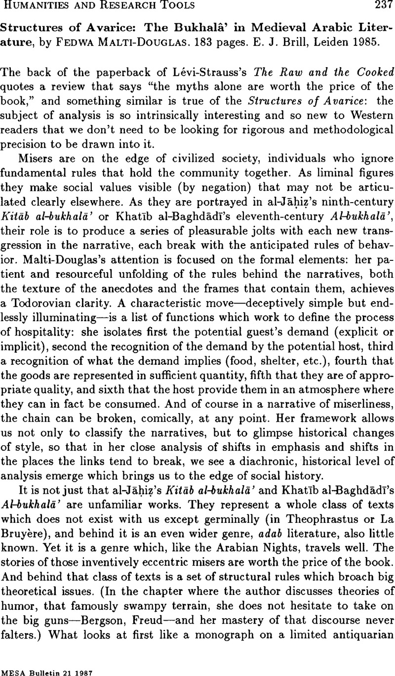 Structures Of Avarice The Bukhala In Medieval Arabic Literature By Fedwa Malti Douglas 1 Pages E J Brill Leiden1985 Review Of Middle East Studies Cambridge Core