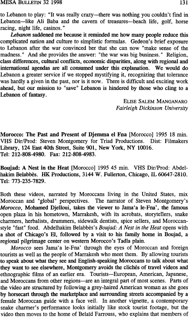 Morocco The Past And Present Of Djemma El Fna Morocco 1995 18 Min Vhs Dir Prod Steven Montgomery For Triad Productions Dist Filmakers Library 124 East 40th Street Suite 901 New York Ny