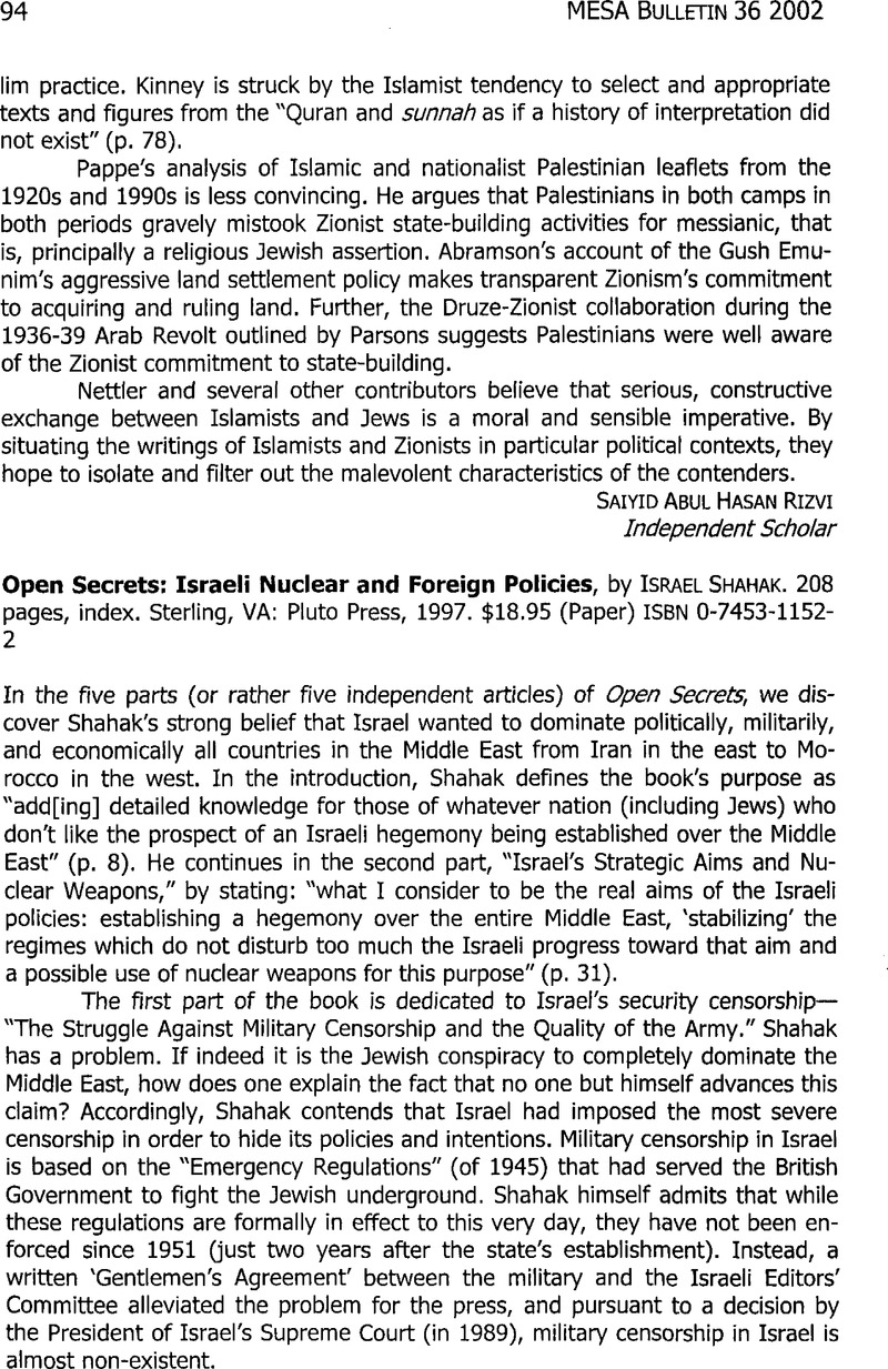 Open Secrets Israeli Foreign and Nuclear Policies