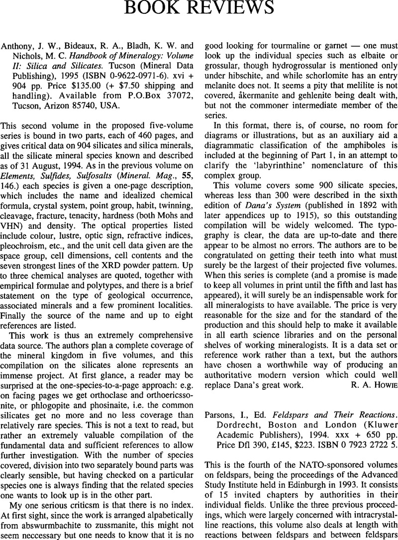 J W Anthony R A Bideaux K W Bladh And M C Nichols Handbook Of Mineralogy Volume Ii Silica And Silicates Tucson Mineral Data Publishing 1995 Isbn 0 9622 0971 6 Xvi 904 Pp