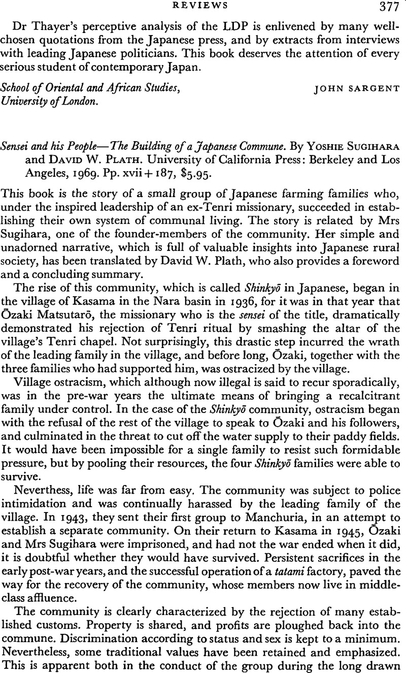 Sensei and his People—The Building of a Japanese Commune. By Yoshie  Sugihara and David W. Plath. University of California Press: Berkeley and  Los Angeles, 1969. Pp. xvii + 187, $5.95. | Modern