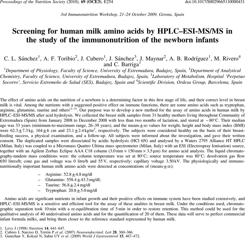 Screening For Human Milk Amino Acids By Hplc Esi Ms Ms In The Study Of The Immunonutrition Of The Newborn Infants Proceedings Of The Nutrition Society Cambridge Core