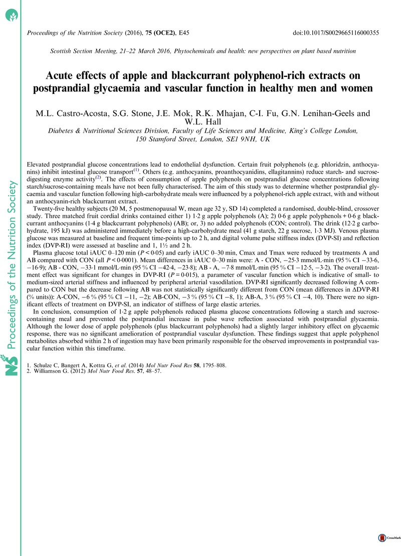 Acute Effects Of Apple And Blackcurrant Polyphenol Rich Extracts On Postprandial Glycaemia And Vascular Function In Healthy Men And Women Proceedings Of The Nutrition Society Cambridge Core