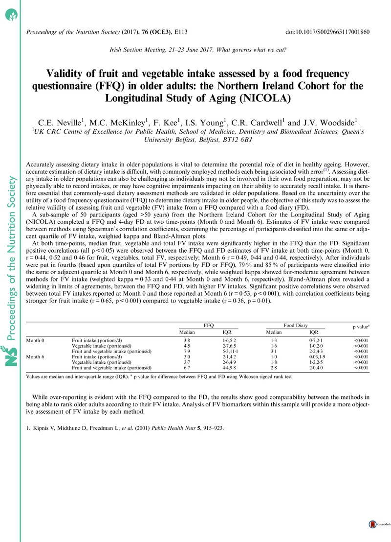 Validity Of Fruit And Vegetable Intake Assessed By A Food Frequency Questionnaire Ffq In Older Adults The Northern Ireland Cohort For The Longitudinal Study Of Aging Nicola Proceedings Of The Nutrition