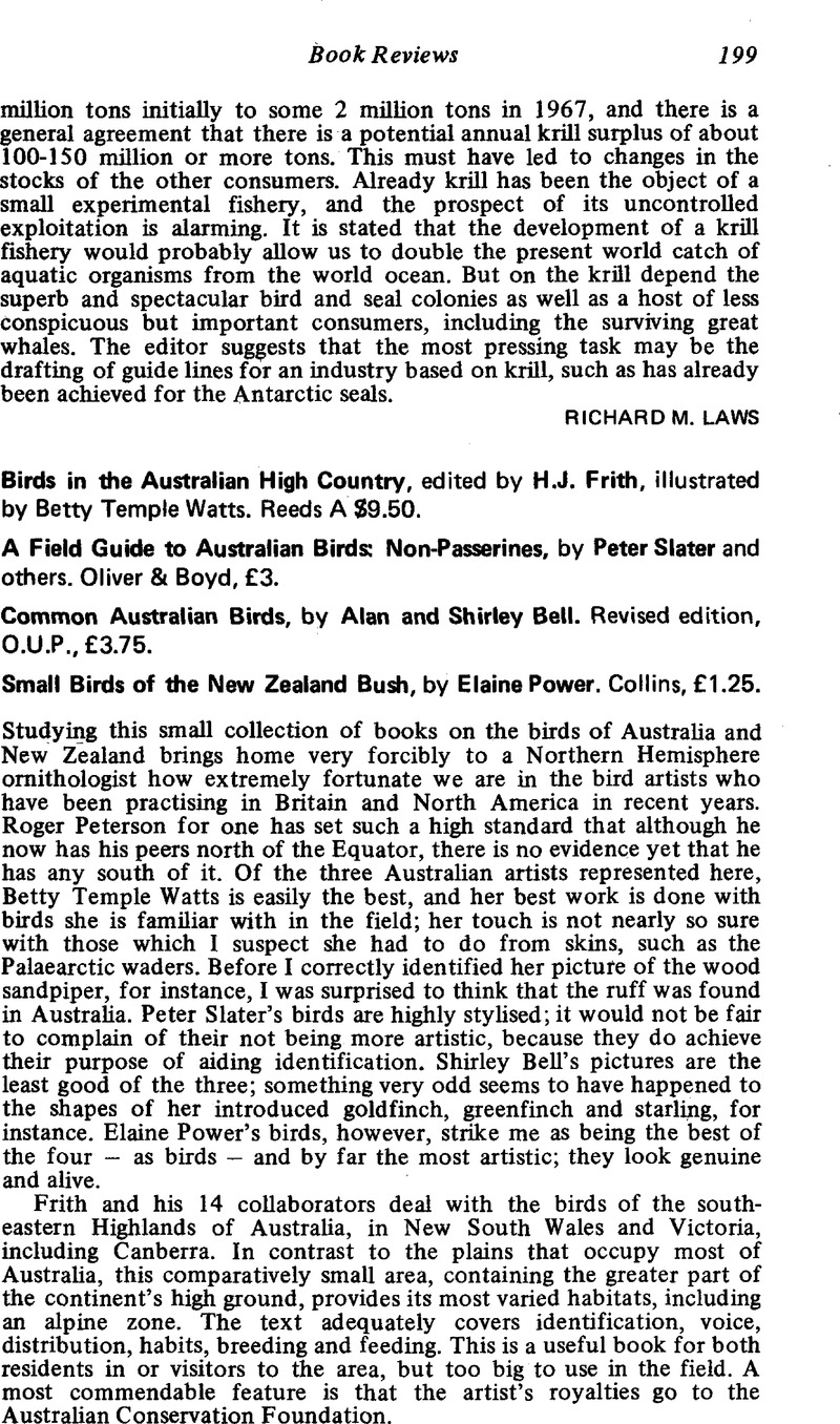 Birds in the Australian High Country, edited by H.J. Frith ...