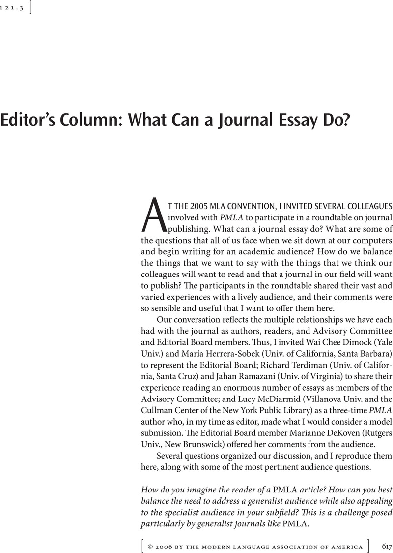 Editor&rsquo;s Column: What Can a Journal Essay Do? | PMLA | Cambridge Core