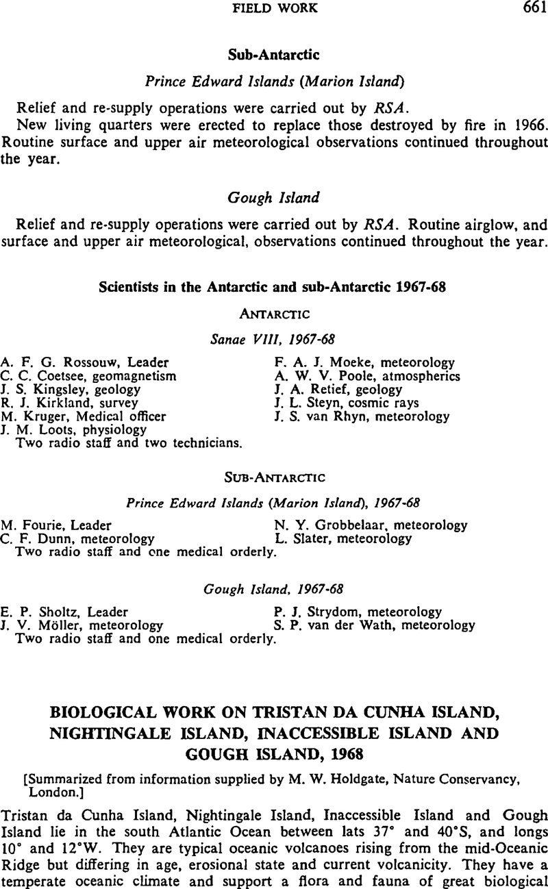 Biological Work On Tristan Da Cunha Island Nightingale Island Inaccessible Island And Gough Island 1968 Polar Record Cambridge Core