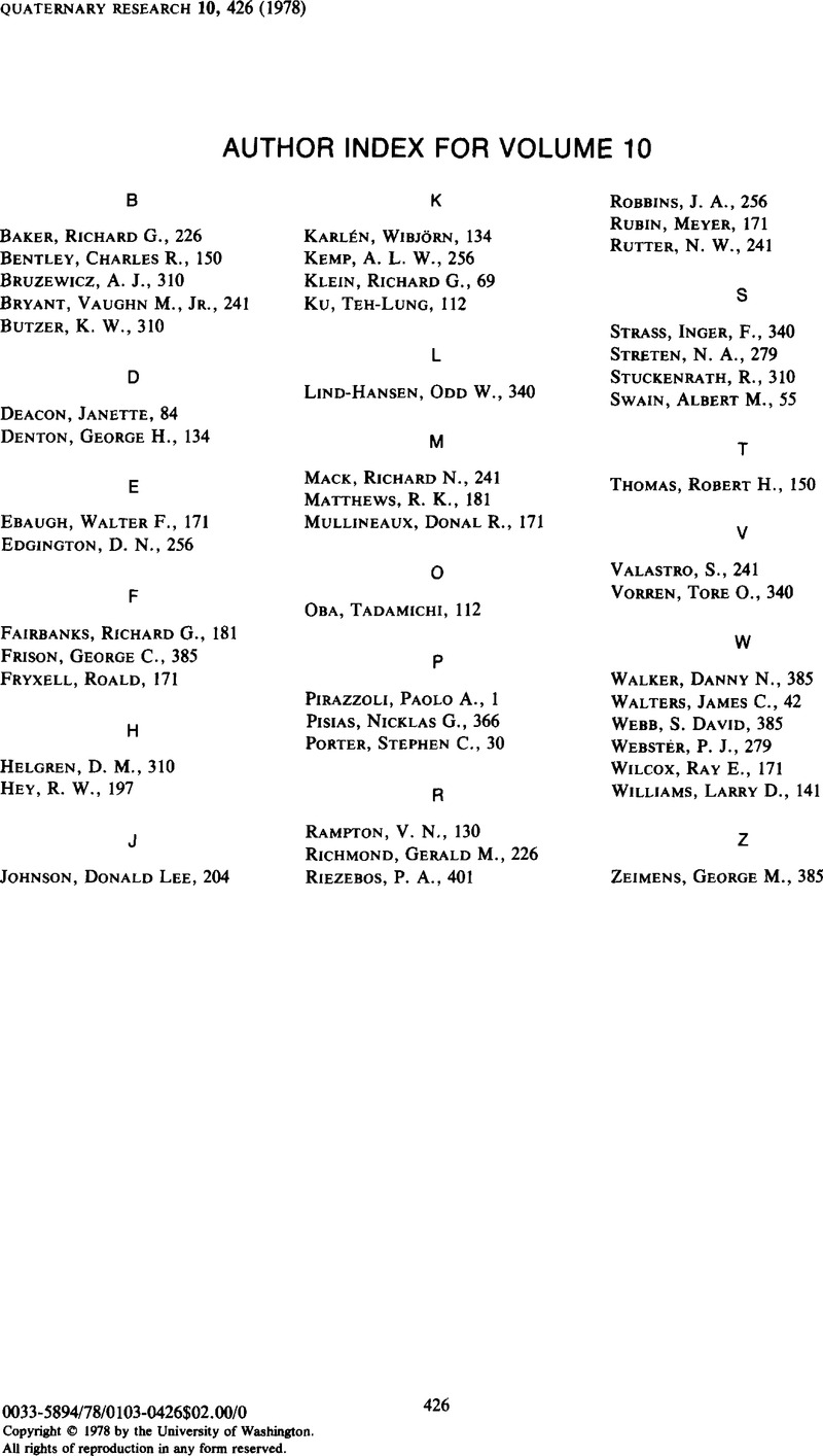 Author Index For Volume 10 Quaternary Research Cambridge Core