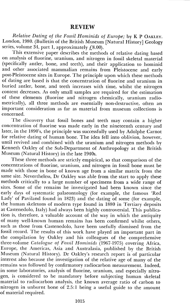 Review - Relative Dating of the Fossil Hominids of Europe; by K P Oakley.  London, 1980. (Bulletin of the British Museum [Natural History] Geology  series, volume 34, part 1, approximately £8.00). | Radiocarbon | Cambridge  Core