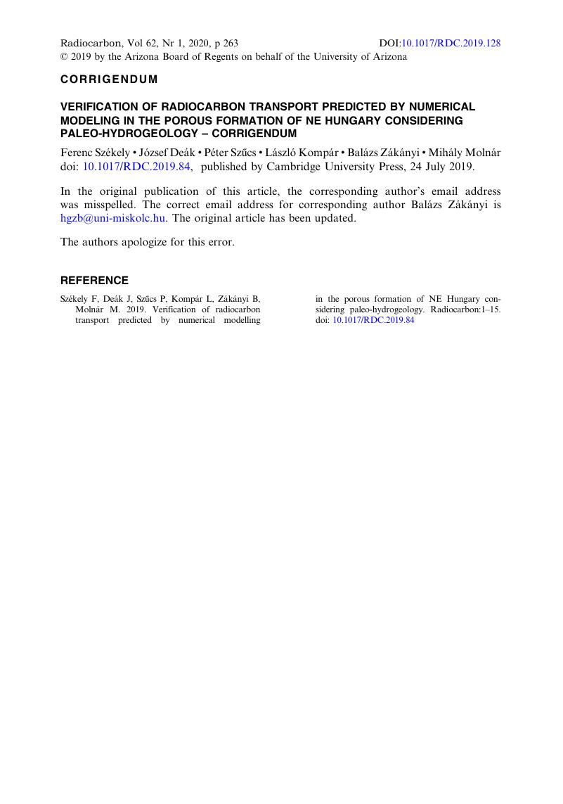 Verification Of Radiocarbon Transport Predicted By Numerical Modeling In The Porous Formation Of Ne Hungary Considering Paleo Hydrogeology Corrigendum Radiocarbon Cambridge Core