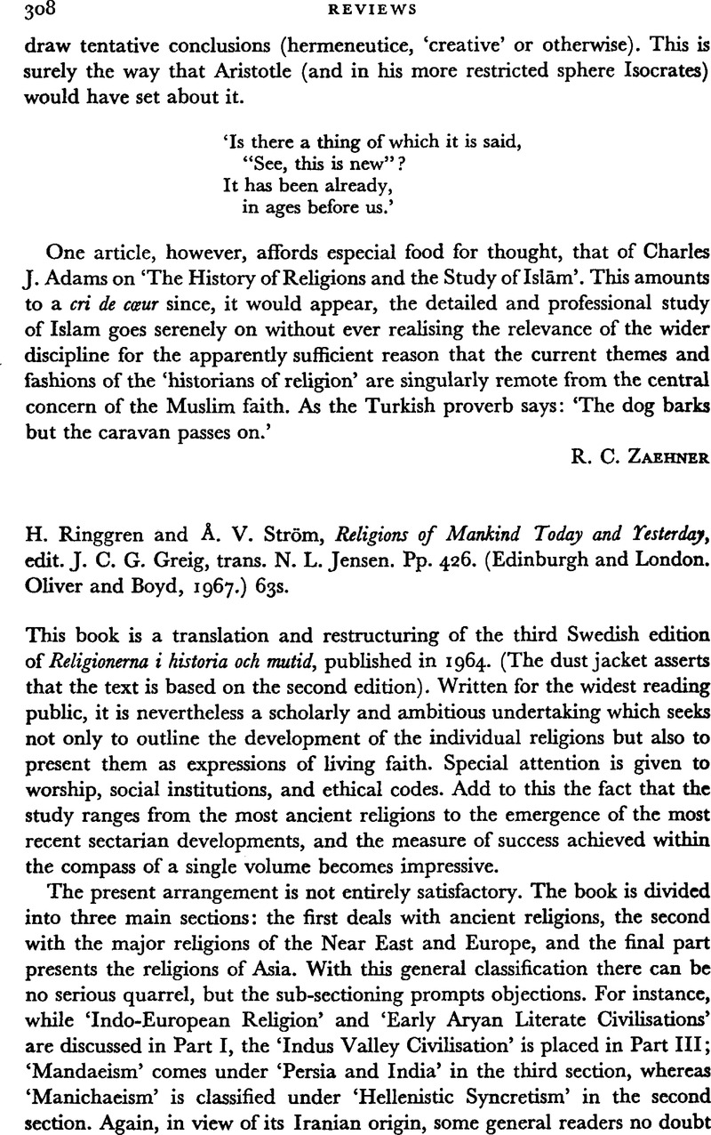 H Ringgren And A V Strom Religions Of Mankind Today And Yesterday Edit J C G Greig Trans N L Jensen Pp 426 Edinburgh And London Oliver And Boyd 1967 63s Religious Studies Cambridge Core
