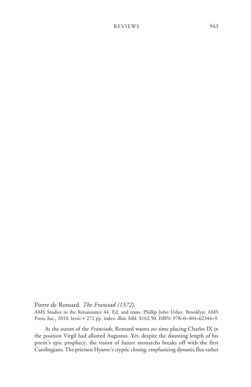 Pierre De Ronsard The Franciad 1572 Ams Studies In The Renaissance 44 Ed And Trans Phillip John Usher Brooklyn Ams Press Inc 10 Lxviii 272 Pp Index Illus Bibl 162 50 Isbn 978 0 404 9 Renaissance Quarterly Cambridge Core