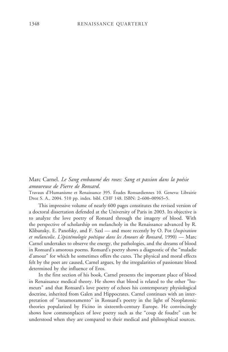 Marc Carnel Le Sang Embaume Des Roses Sang Et Passion Dans La Poesie Amoureuse De Pierre De Ronsard Travaux D Humanisme Et Renaissance 395 Etudes Ronsardiennes 10 Geneva Librairie Droz S A